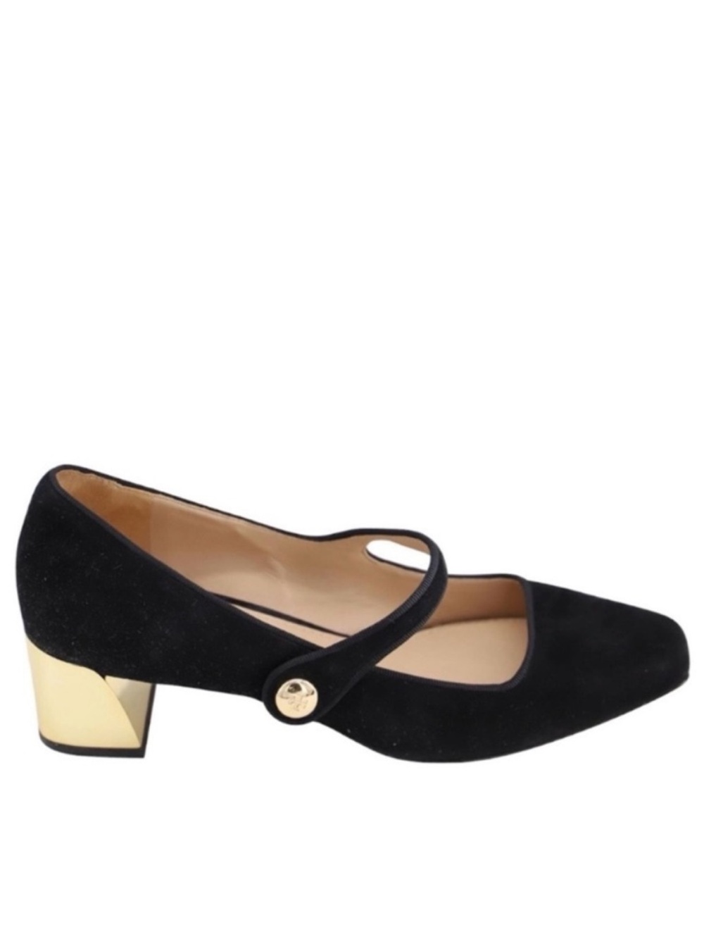TORY BURCH Marisa Black Suede Mary Jane Gold Block Heel Pump